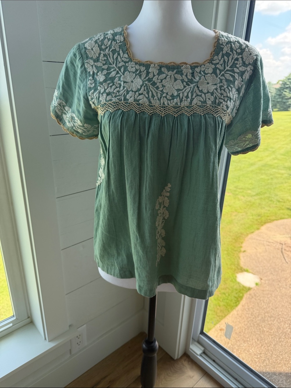 THML Sage Green Embroidered Square-Neck Blouse